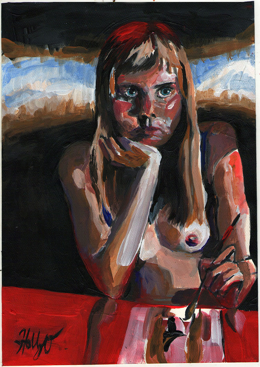 Self-Portrait, Night, 12x8 2018 <br>acrylic on paper